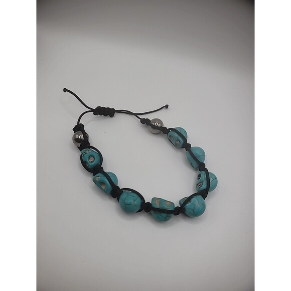 Howlite Turquoise Skull Bracelet Black Adustable Silver Tone Jewelry Costume - Picture 8 of 10